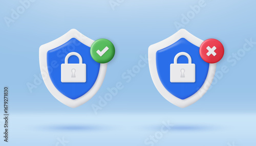 3D padlock on blue shield with checkmark icon. Accepted and unaccepted security. Security, protection, approve, checkmark, tick, accept. Minimalist cartoon icon. Trendy and modern vector in 3d style.