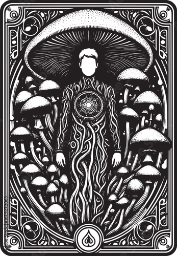 Intricate Black and White Illustration of a Man Merged with Mystical Mushrooms and Nature