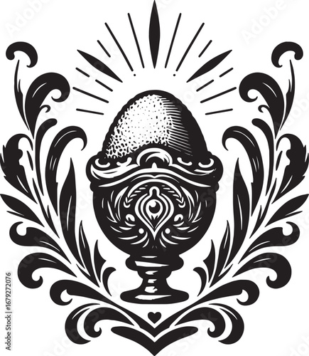 Intricate Black and White Illustration of a Decorated Chalice and Flourishes Design Element