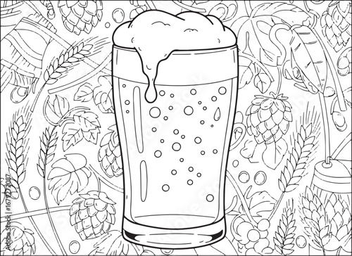 Detailed Line Art Illustration of a Refreshing Amber Ale with Be
