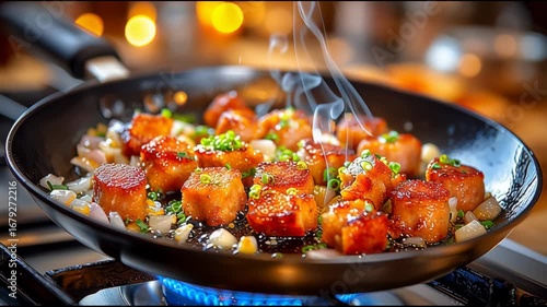 Estos deliciosos bocados de pollo se cocinan en una sartén caliente, mientras se liberan aromas irresistibles. La cocina está iluminada y vibrante, creando un ambiente acogedor.