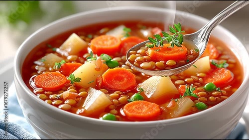 En una cocina acogedora, se prepara una deliciosa sopa de lentejas con zanahorias, papas y guisantes. Este platillo es ideal para un día frío y lleno de energía.