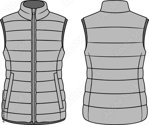 PrintPuffer vest vector template, front and back view, sleeveless winter outerwear design flat sketch, fashion technical drawing, garment illustration mockup