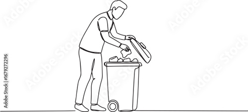 Minimalist art: Man throwing garbage into a bin, emphasizing env