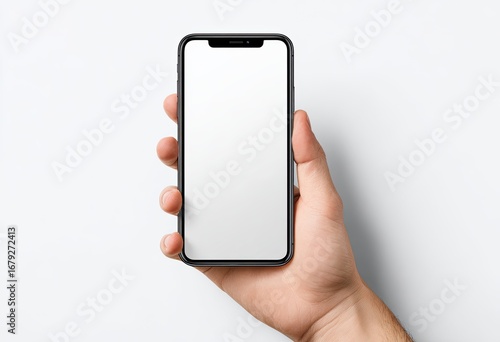 Smartphone held in hand, white background