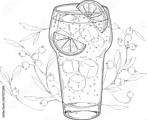 Refreshing summer beverage in line art style, accompanied by bot