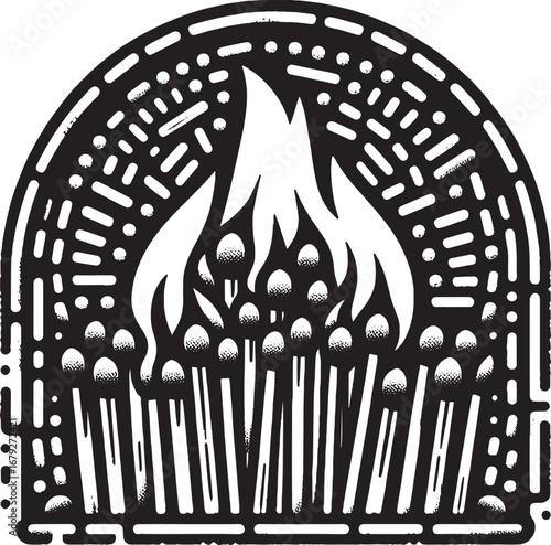 Artistic illustration of burning matches with stylized flames in black and white design