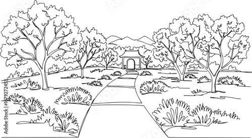Line Art Depiction of a Tranquil Orchard Landscape with Arched G