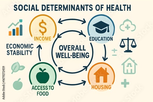 The social determinants of health diagram illustrates factors affecting well-being and health.