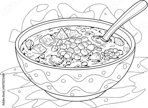 Illustrated depiction of Mexican pozole rojo in a patterned bowl