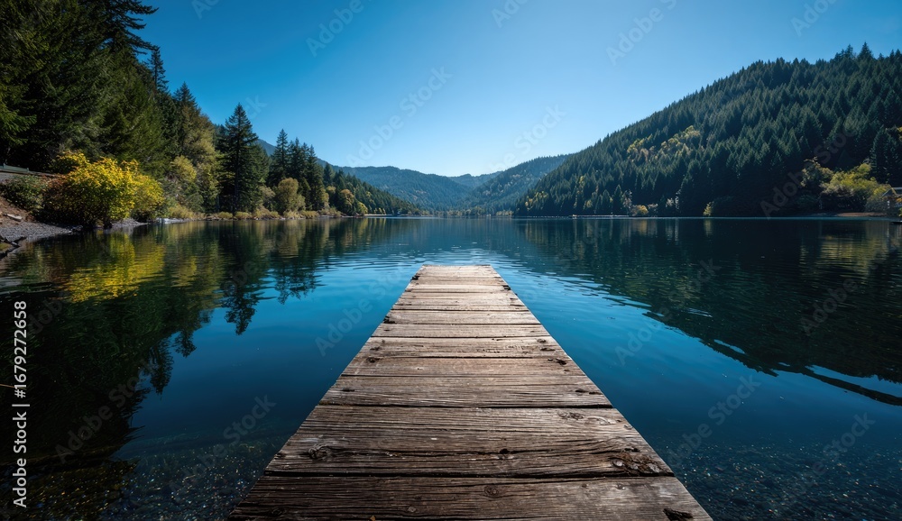 Naklejka premium Serene lake dock on a sunny day