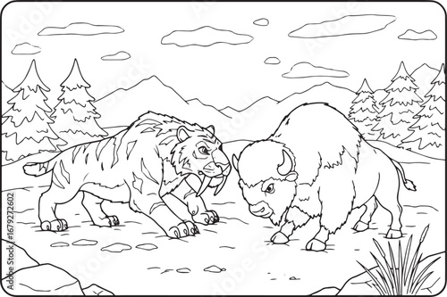 Line art illustration of a saber-toothed tiger confronting a buf