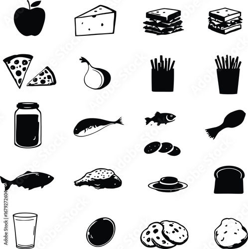 A collection of various food items including fruits, proteins, and carbohydrates in black and white