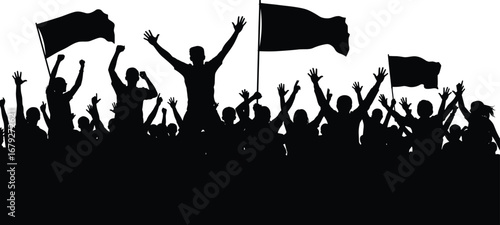 Silhouette crowd with flags, cheering people at protest, political rally, fan celebration, demonstration, unity, support movement vector illustration, black and white