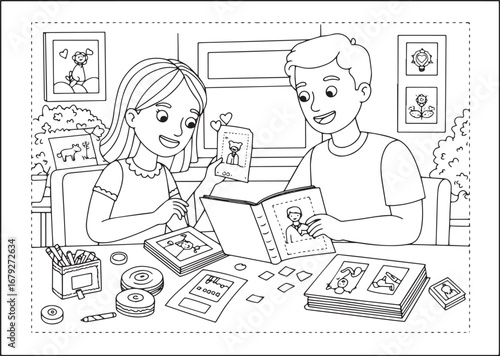 Couple enthusiastically creating a scrapbook album together with