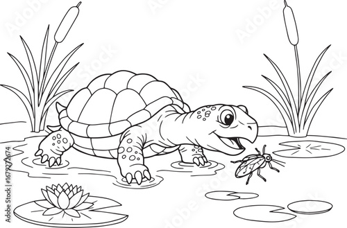 Cartoon Snapping Turtle Encountering a Bug in a Pond Coloring Pa