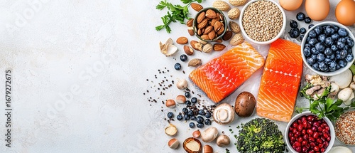 Various Healthy Ingredients Arranged, Including Salmon, Nuts, Fruits and Vegetables, Suitable for Healthy Diet, Nutritional Meal, Ingredient Display and Other Scenarios