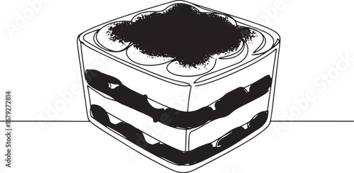 Delicious Tiramisu Dessert in Square Glass Single Line Art Illus