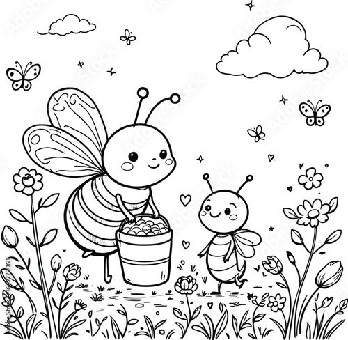 Two cartoon bees in a field with flowers clouds and butterflies in a black and white illustration