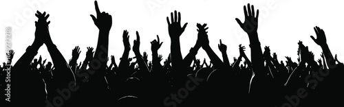 Silhouette of cheering crowd with raised hands, music concert celebration, festival audience, party vibes, energetic people at event, black and white vector