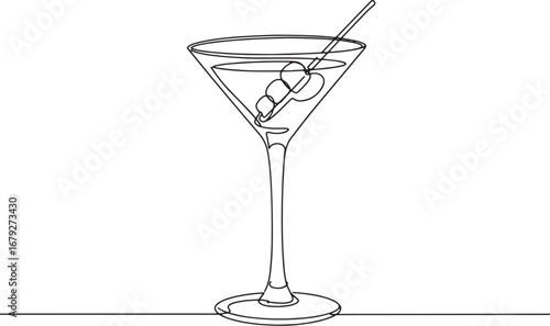 Elegant continuous line drawing of a cocktail glass with olive g