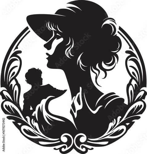 Elegant silhouette of a woman with a hat, framed in an ornate decorative border design element