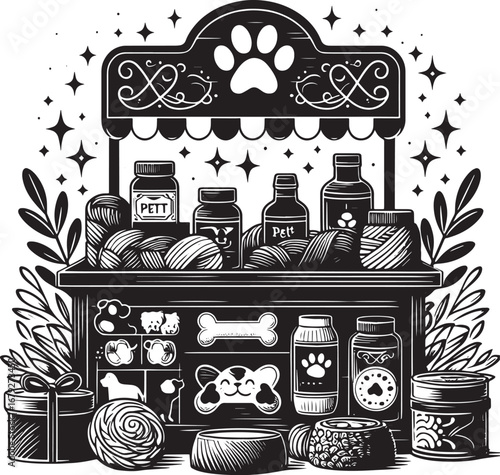 Illustration of a pet shop display with various products, perfect for pet-related content
