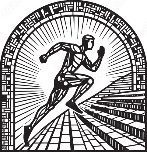Silhouette of a Running Man Climbing Stairs inside an Architectural Structure Symbolizing Success