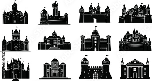 Black and white castle illustrations, medieval fortress, royal architecture, towers, flags, gates, historic buildings, fortress walls, stone castles, stronghold designs