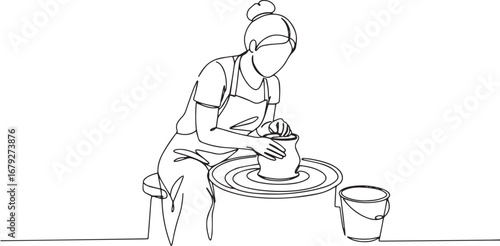 Continuous line drawing of woman creating pottery on spinning wh