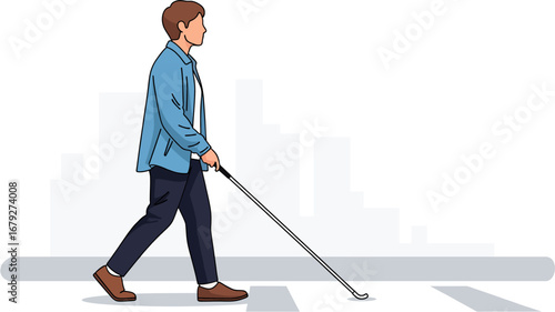 Minimalist vector of blind person with white cane walking, background city