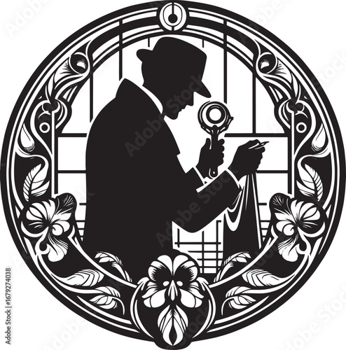 Intricate Detective Silhouette Within Decorative Circle, Symbolizing Investigation and Mystery