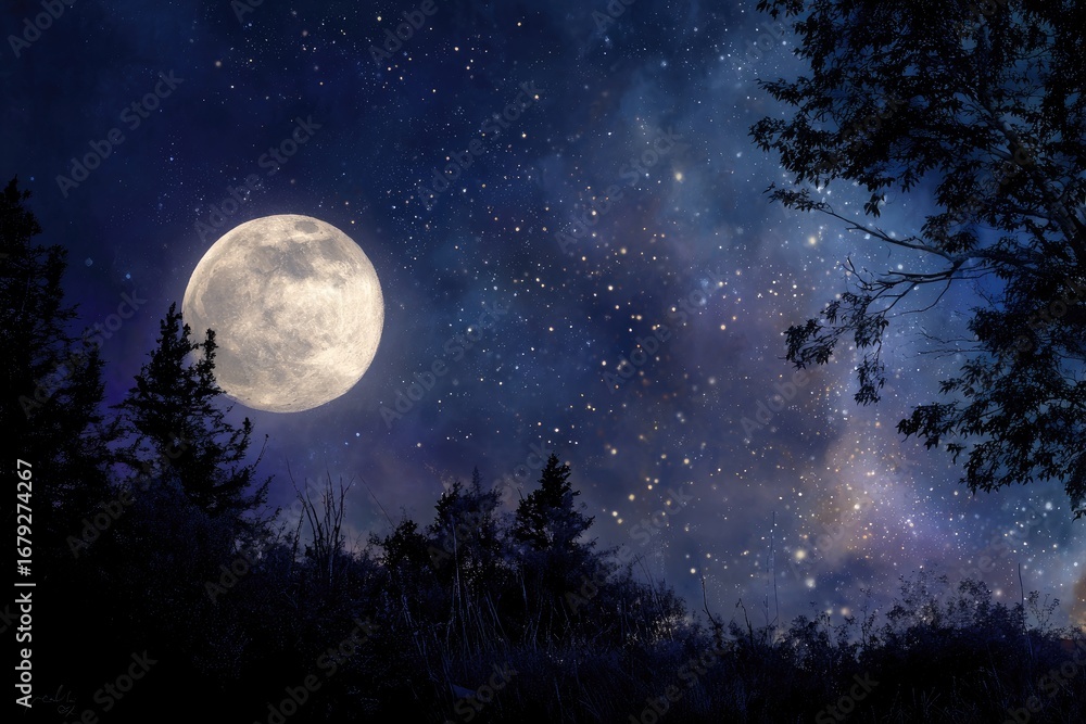 Fototapeta premium Full moon over a dark forest at night