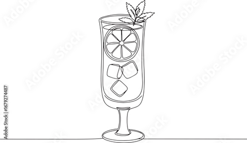 Elegant continuous line drawing of a french 75 cocktail with cit