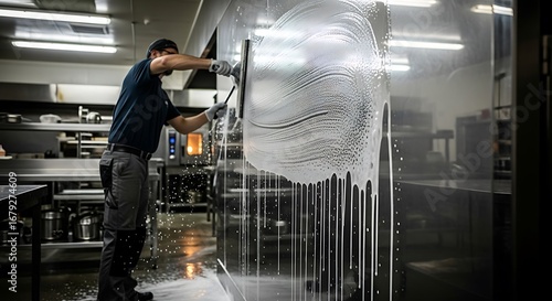 Man cleaning a large glass surface in a commercial kitchen