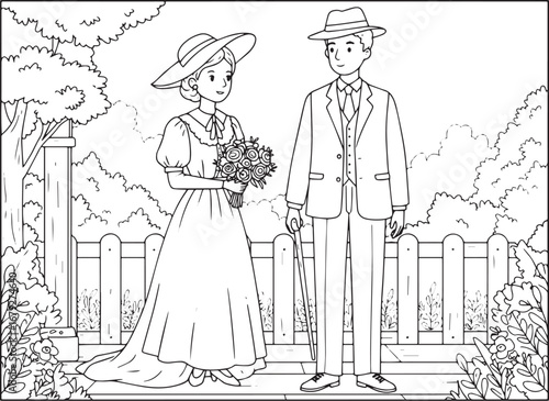 Elegant victorian couple in garden illustration perfect for colo