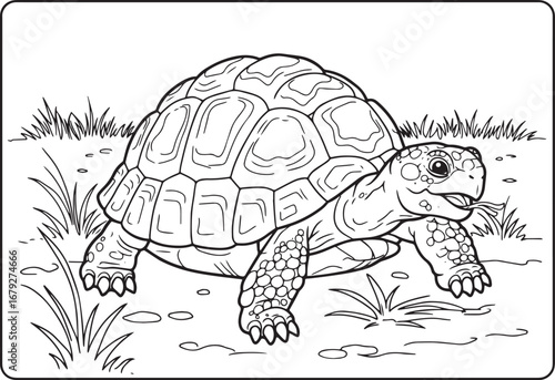 Detailed line art of a leopard tortoise in its natural environme