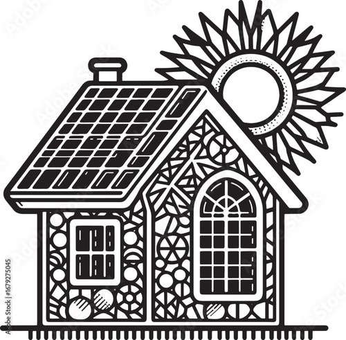 Illustration of a house with solar panels on the roof and a sun, eco-friendly living concept