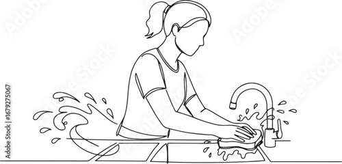 Continuous line drawing of a woman scrubbing at the kitchen sink