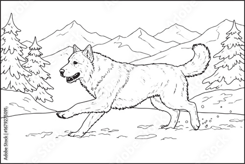 Detailed line art of a wolf bounding through a snowy winter land