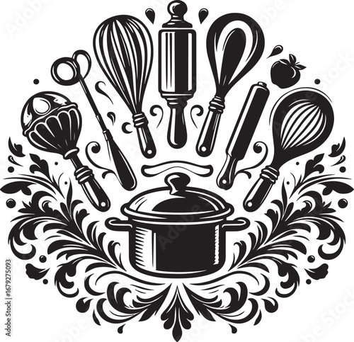 Elegant Black and White Kitchen Utensils Illustration for Culinary and Baking Projects