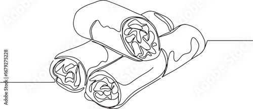Elegant minimalist line art illustration of spring rolls on a wh