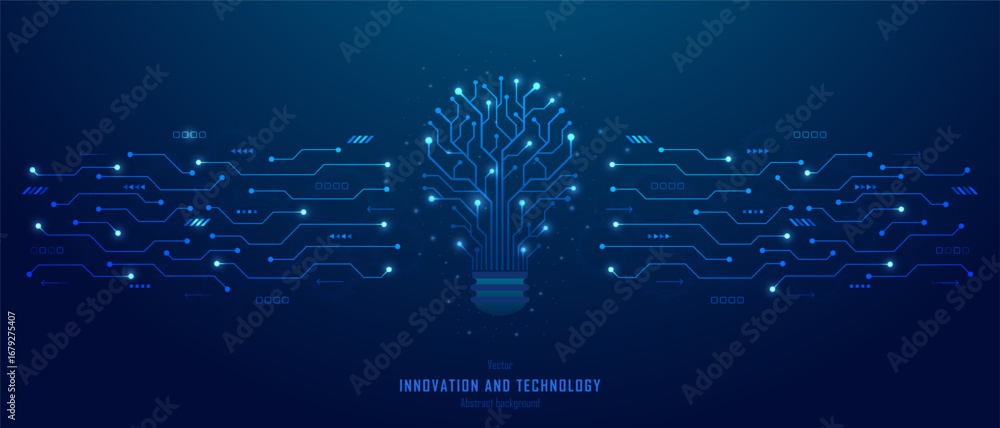 © S and V Design - Concept of Innovation and business innovative idea and solution technology. Circuit light bulb on futuristic circuit background. Analysis solution and development. Vector illustration.