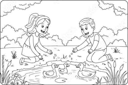Charming line art illustration of children feeding ducks near a
