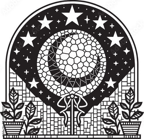 Intricate Black and White Celestial Illustration Featuring Moon, Stars, Plants, and Decorative