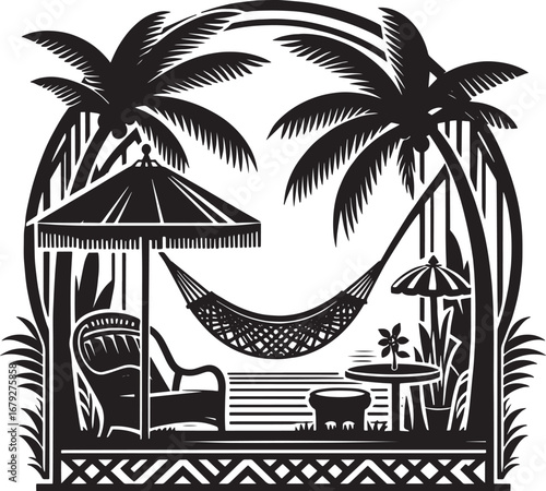 Black and White Vector Illustration of a Tropical Beach Scene with Palm Trees and Relaxation Area