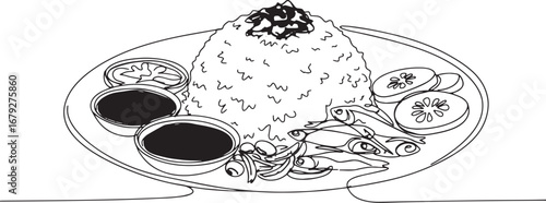 Exquisite line art illustration of Malaysian Nasi Lemak, a culin