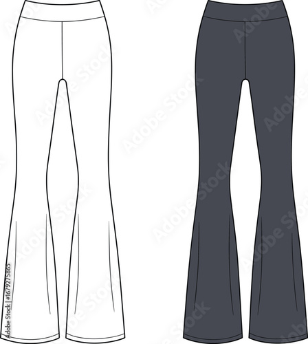 women's flared pants, fashion flat sketch, bell-bottom trousers design template, clothing technical drawing, front and back views.