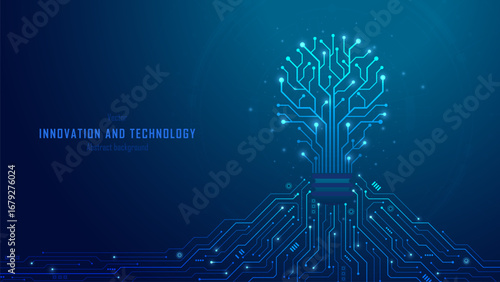 Concept of Innovation and business innovative idea and solution technology. Circuit light bulb on futuristic circuit motherboard background. Analysis solution and development. Vector illustration.