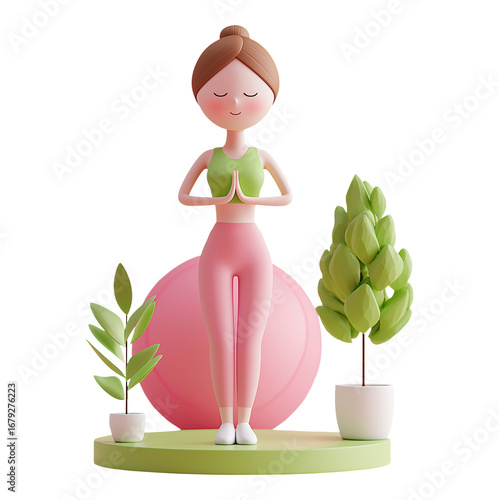 Cartoon yoga girl standing in prayer pose with plants transparent image. Activewear young woman healthy lifestyle isolated cutout 3d render. Calm mind cut out clipart design element png